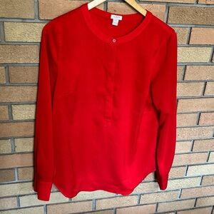 J Crew Red Poppy Blouse Drapey Crepe Henley Tunic Long Sleeve Top Women’s Size S
